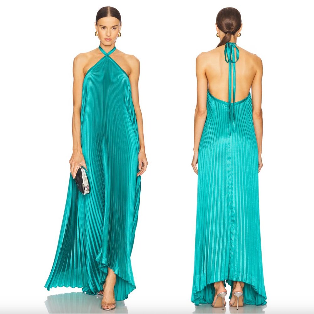 Halter Pleated Maxi Dress in Turquoise
